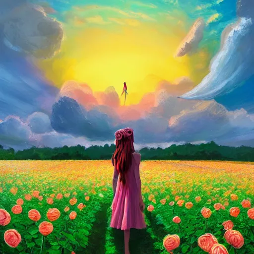 Image similar to giant rose flower head, full body girl standing in a flower field, surreal photography, sunrise, dramatic light, impressionist painting, colorful clouds, digital painting, artstation, simon stalenhag