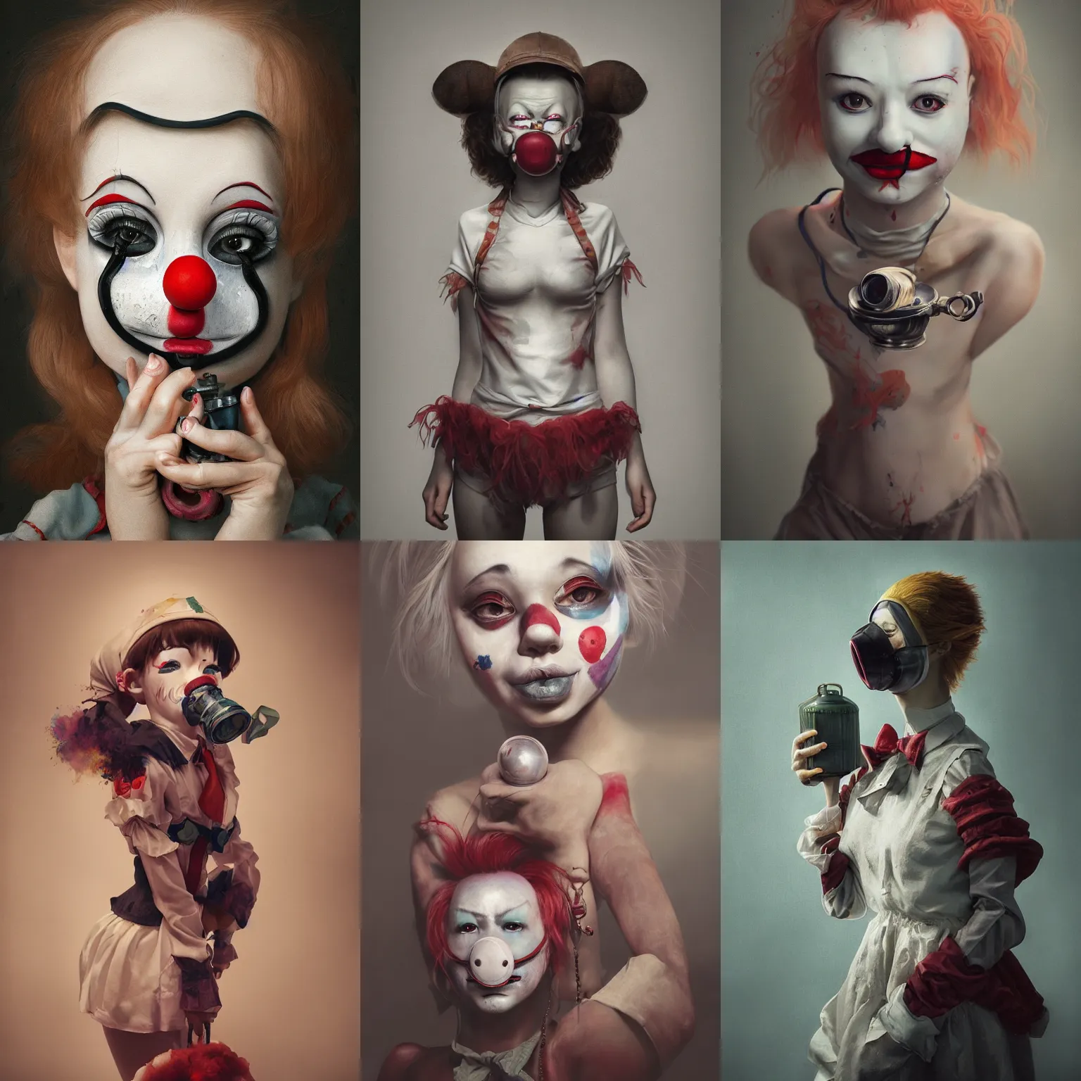 Prompt: breathtaking detailed painting of clown girl with antigasmask , with anxious, piercing eyes, art by Hsiao-Ron Cheng, Ja Miyazaki, extremely moody lighting, hyperrealistic, octane render, ambient light, dynamic lighting