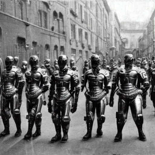 Image similar to grainy 1800s photo of a cybernetic army that is invading a city