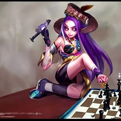 Prompt: Jinx (from league of legends) sitting by a table playing chess, Artgerm, trending