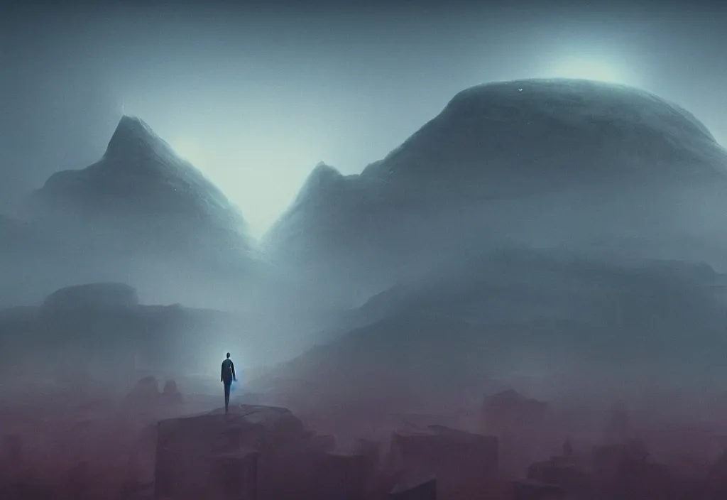 Image similar to a dramatic epic ethereal stunning beautiful and insanely detailed matte painting of a Blade Runner movie still, a small silhouette contemplates the landscape, atmospheric and vaporwave composition, digital art by Kilian Eng and Jean Giraud and Simon Stalenhag, winning-award masterpiece, fantastic, octane render, 8K HD Resolution, High quality image