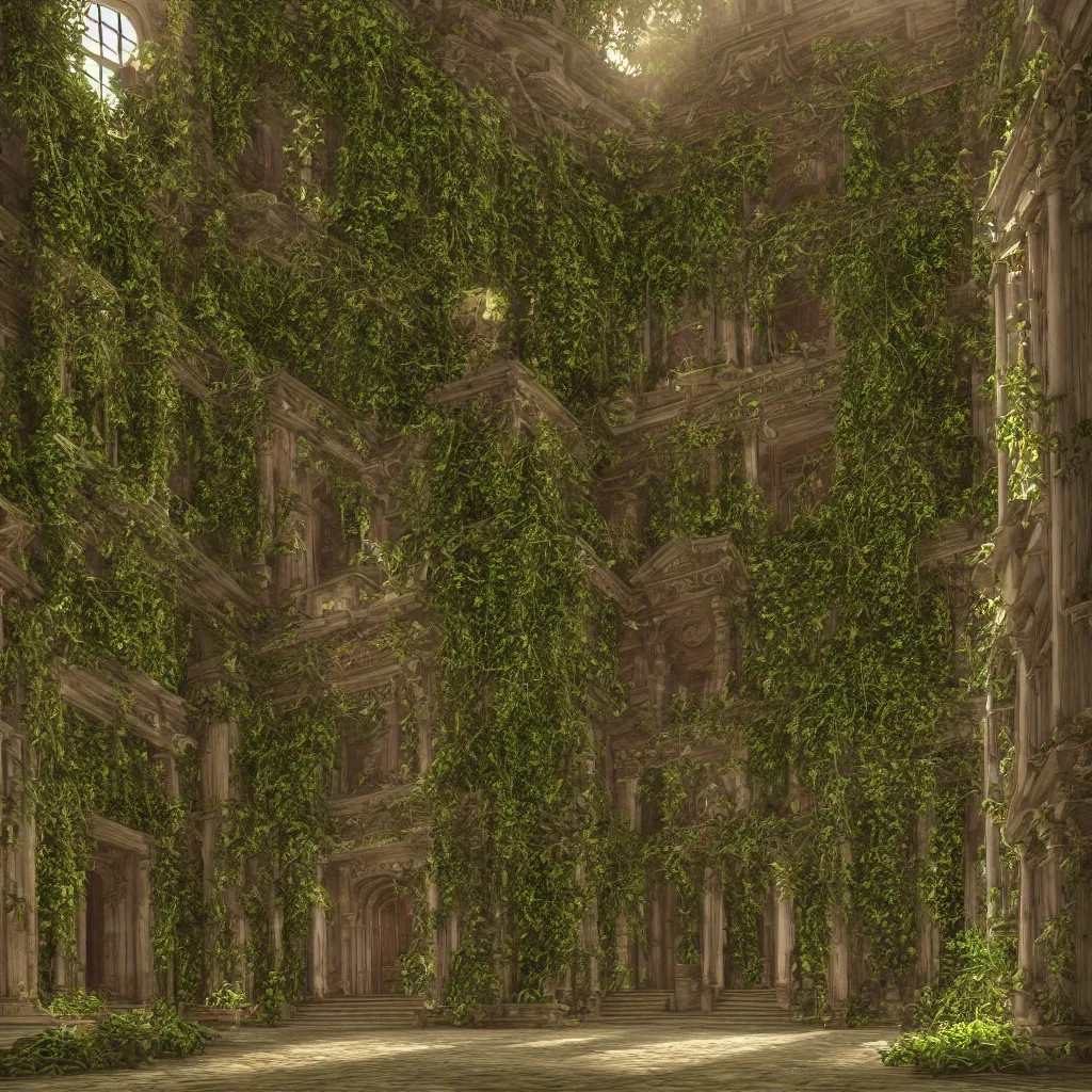 Prompt: entrance of the ultimate grand library, overgrown ivy plants, ladders, ancient, old world, ultradetailed photorealistic