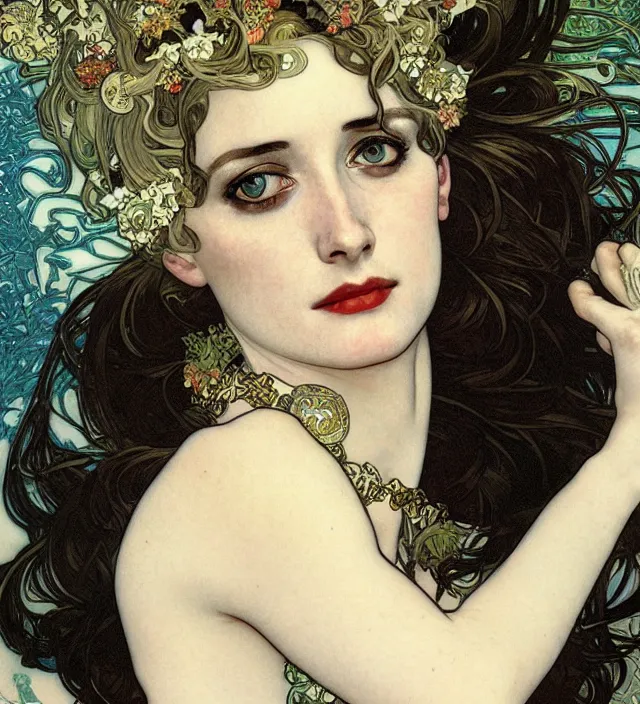 Prompt: detailed closeup of eva green by alphonse mucha, ayami kojima, yoshitaka amano