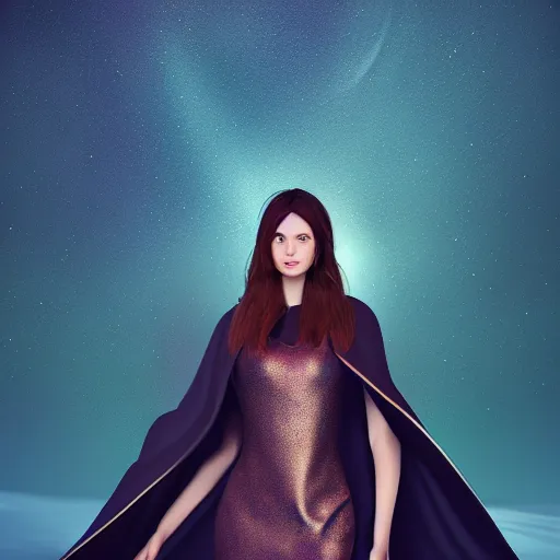 Image similar to woman wearing a cape made of the night sky, full body, elegent, portrait, octane render, radiant lighting, digital painting