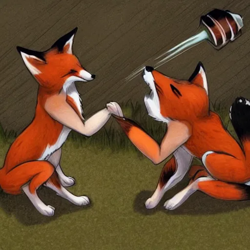 Image similar to a scene of two fox girls fighting over a piece of raw meat, detailed anime art