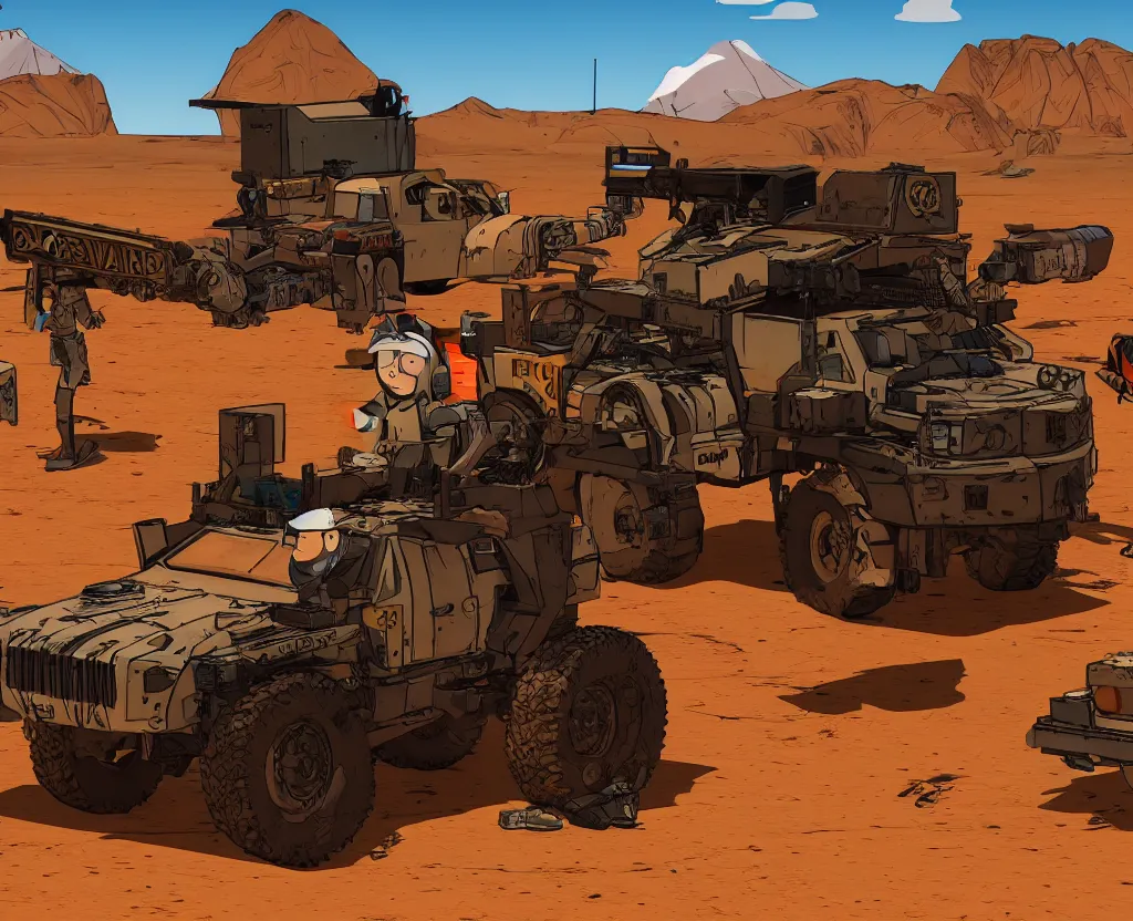 Image similar to South Park Fury Road War Rig and desert background, borderlands video game 4k render
