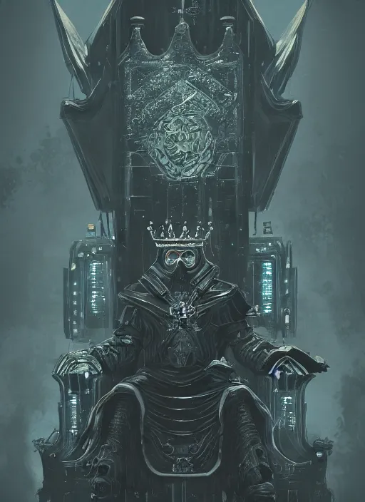 Image similar to a portrait of an old king on the throne, cyberpunk, grim - lighting, high - contrast, intricate, elegant, highly detailed, digital painting, artstation, concept art, smooth, sharp focus, illustration