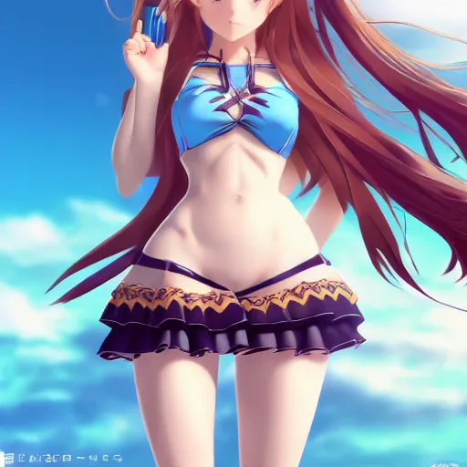 Image similar to a very beautiful mature yuuki asuna, full body, long wavy blond hair, sky blue eyes, full round face, bikini, miniskirt, front view, cute pose, highly detailed, cinematic wallpaper by stanley artgerm lau