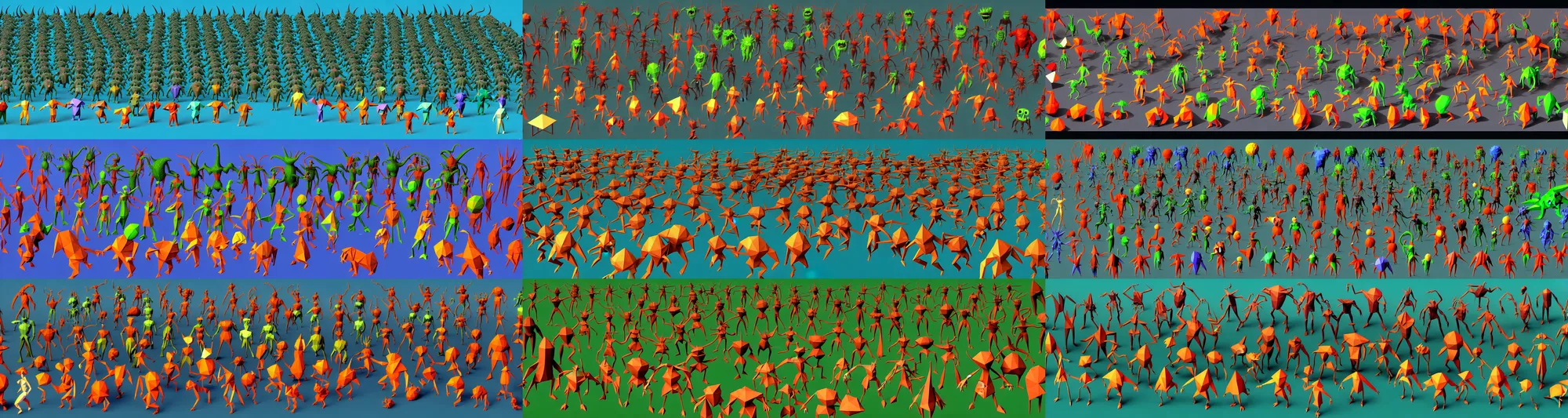 Prompt: a retro ps1-graphics low-poly scene, depicting a hundred unique monsters embracing and contorting themselves