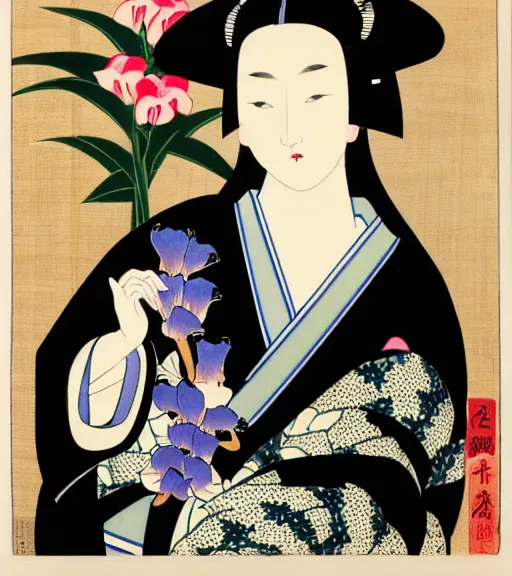 Image similar to madonna the singer in a beautiful kimono holding in her hand a fan, sitting on the floor next to a black and white playing cat, in the background a folding screen with blue irises and a window with bamboo. in the style of bijin - ga.