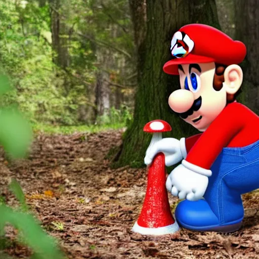 Image similar to real life photo of Super Mario sniffing a big red and white mushroom he just discovered in the woods, unable to hold back eating it with extreme glee, 4K photography