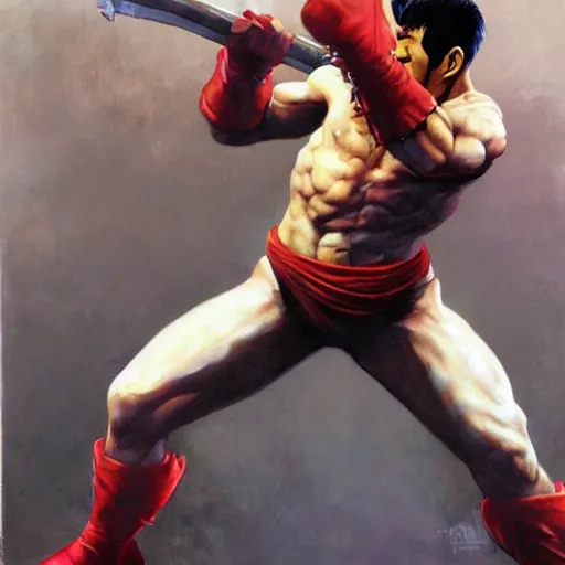 Image similar to freddy mercury as ryu from street fighter, painting by frank frazetta, 4 k, ultra realistic, highly detailed,