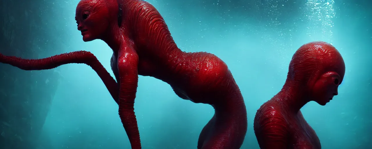 Image similar to ultra realistic horror photo of a dimly lit red female alien creature underwater, very intricate details, focus, full frame image, curvy, model pose, artwork by tooth wu and wlop and beeple and greg rutkowski, award winning