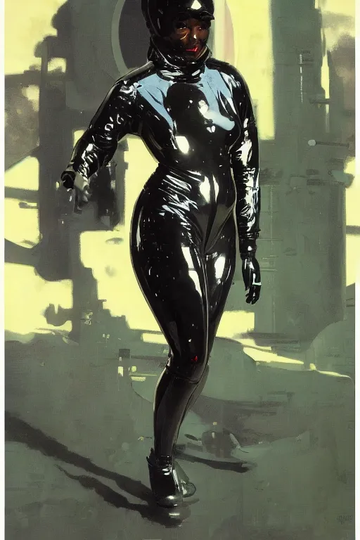 Image similar to pulp scifi fantasy illustration full body portrait of elegant black woman wearing latex spacesuit, by norman rockwell, jack kirby, bergey, craig mullins, ruan jia, jeremy mann, tom lovell, 5 0 s, astounding stories, fantasy