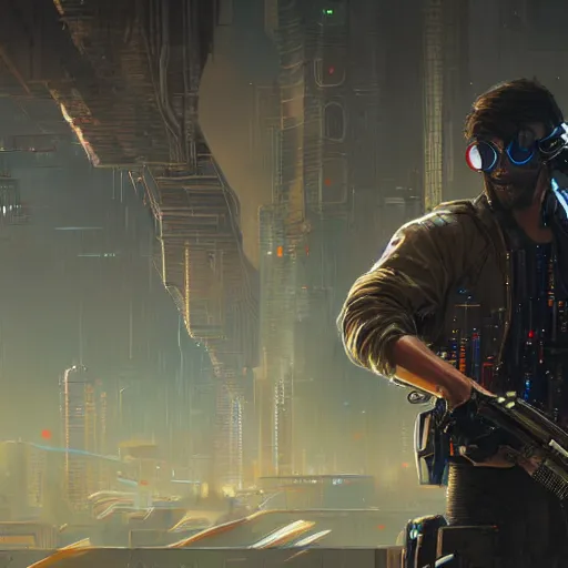 Image similar to close up illustration of a cyberpunk gunslinger pointing his gun shooting bullets, very detailed, 8 k, by greg rutkowski,