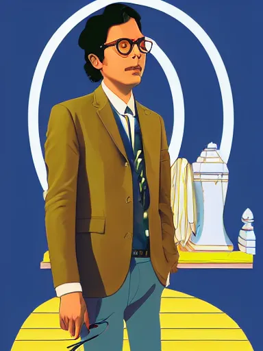 Prompt: artwork by Michael Whelan, Bob Larkin and Tomer Hanuka, of a solo individual portrait of an Indian guy with love, dapper, simple illustration, domestic, nostalgic, full of details, by Makoto Shinkai and thomas kinkade, wes anderson, wes anderson, wes anderson, wes anderson, wes anderson, Matte painting, trending on artstation and unreal engine