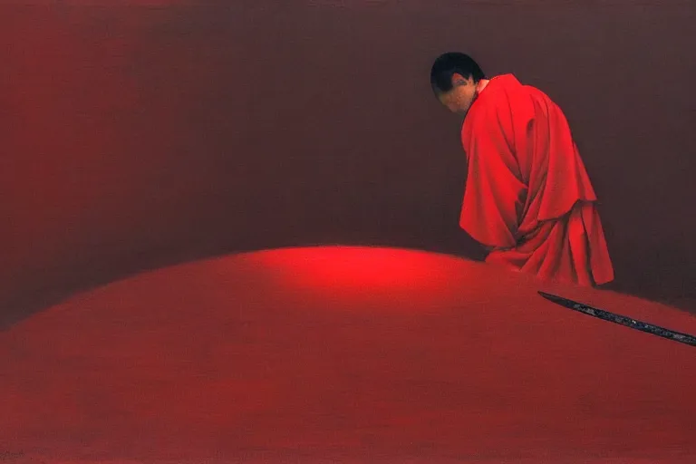 Image similar to only with red, a red samurai do seppuku, tokio, a lot of frogs watch, in the style of beksinski, parts by edward hopper, parts by rodcenko, parts by yue minjun, intricate and epic composition, red by caravaggio, insanely quality, highly detailed, masterpiece, red light, artstation, 4 k