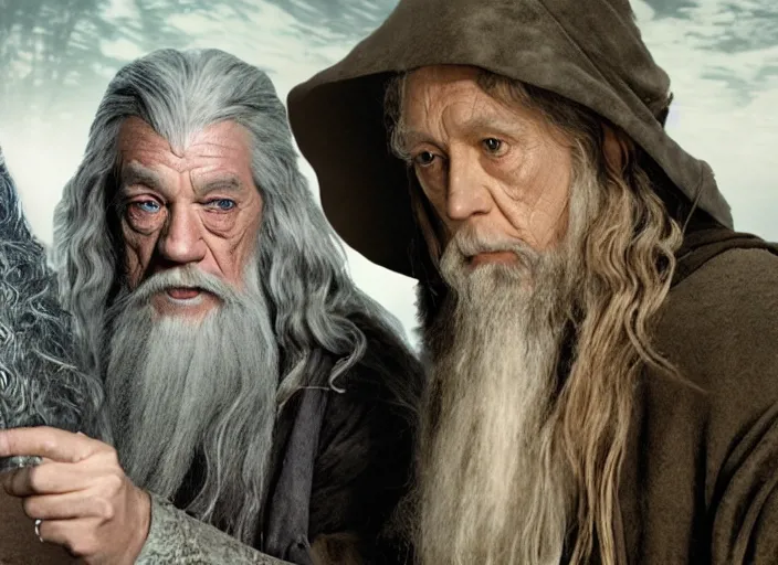 Prompt: gandalf and frodo in bag end, gandalf is holding an envelope above his head, bag end in the style of h. r. giger, image from a movie