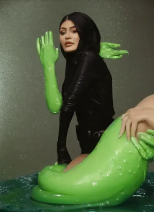 Image similar to film still of kylie Jenner stuck in Alien slime, an alien holding her waist, fear expression