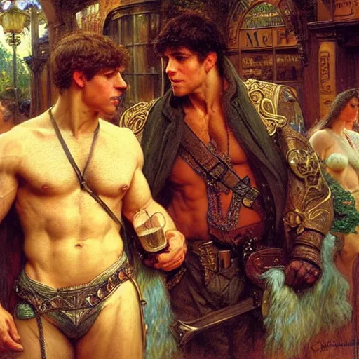 Image similar to attractive muscular arthur pendragon and muscular attractive merlin go to a pub together to have some drinks. highly detailed painting by gaston bussiere, craig mullins, j. c. leyendecker, alphonse mucha 8 k