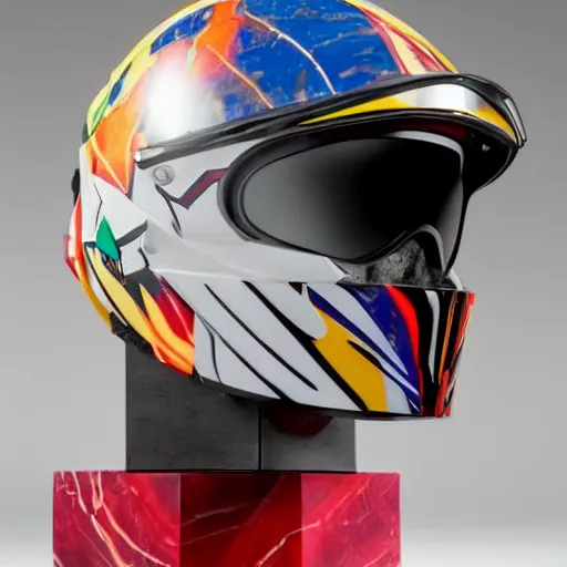 Prompt: extremely beautiful photo of a white marble statue of a black man with colorful motocross logos and motorcycle helmet with closed visor, colorful smoke in the background, carved marble statue, fine art, neon genesis evangelion, highly detailed, 8 k, hyperreal