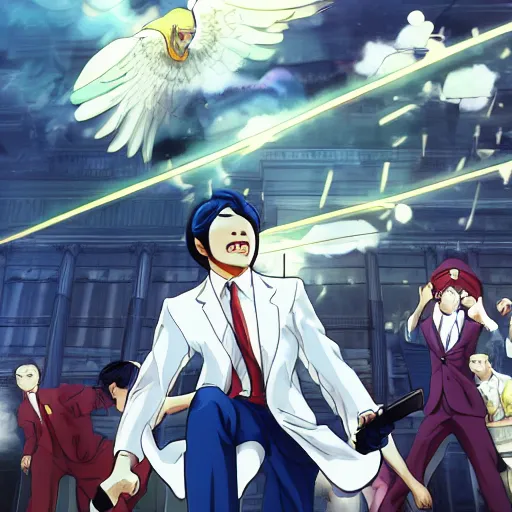 Prompt: phoenix wright objecting on the supreme court, by hayao miyazaki and yusuke murata and makoto shinkai and ross tran, intricate detail, cinematic, 8 k, cel shaded, unreal engine, featured on artstation, pixiv