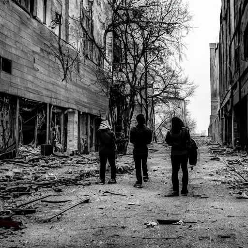 Image similar to A group of people exploring an abandoned city, dark theme, art