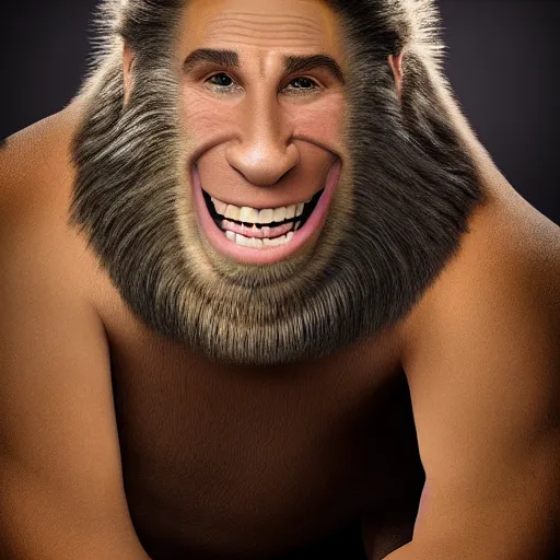 Image similar to john travolta is terk from tarzan, enjoyable smile, happy, big smile, white teeth, portrait photography, studio lighting, gorilla hair, pompadour, school picture