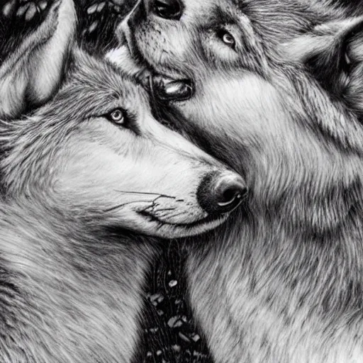 Prompt: two wolf girls kissing, detailed, realistic