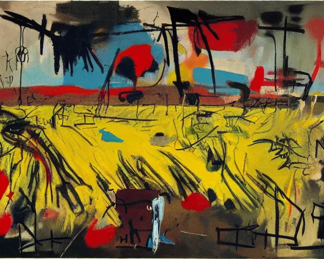 Prompt: painting of a flower field by graham sutherland, basquiat, greg rutkowski!!, neo - expressionism, muted colors!