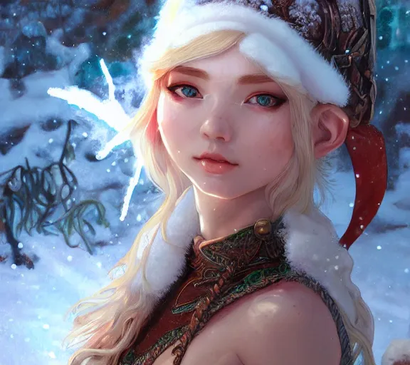 Prompt: beautiful ancient frost elf, fire in eye, snow glow, pool party, highly detailed, digital painting, artstation, sharp focus, illustration, art by tan zi and ayanamikodon and alphonse mucha and wlop