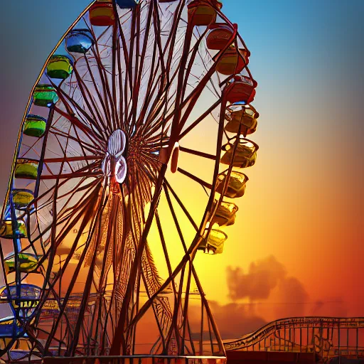 Image similar to ferris wheel at sunrise, studio shot, studio lighting, bokeh, sharp focus, digital art, trending on artstation, behance, octane render, unreal engine 5, intricate, ornate, hyper realism, 1 0 0 mm