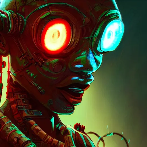 Image similar to a dark and ominous cyborg african child soldier with glowing eyes and tribal facial scarification, neon graffiti, Apex Legends character digital illustration portrait design, by android jones and greg rutkowski in a cyberpunk voodoo style, retrowave color scheme, detailed, cinematic lighting, wide angle action dynamic portrait