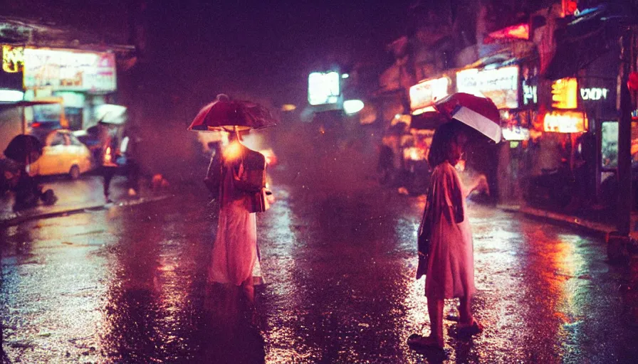 Image similar to street of hanoi, photography, night, rain, mist, a girl with pink hair, cinestill 8 0 0 t, in the style of william eggleston