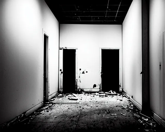 Image similar to white monster standing, the backrooms, the eerie forlorn atmosphere of a place that's usually bustling with people but is now abandoned and quiet, buzzing fluorescent lights above the ceiling, unsettling images, liminal space, dark,