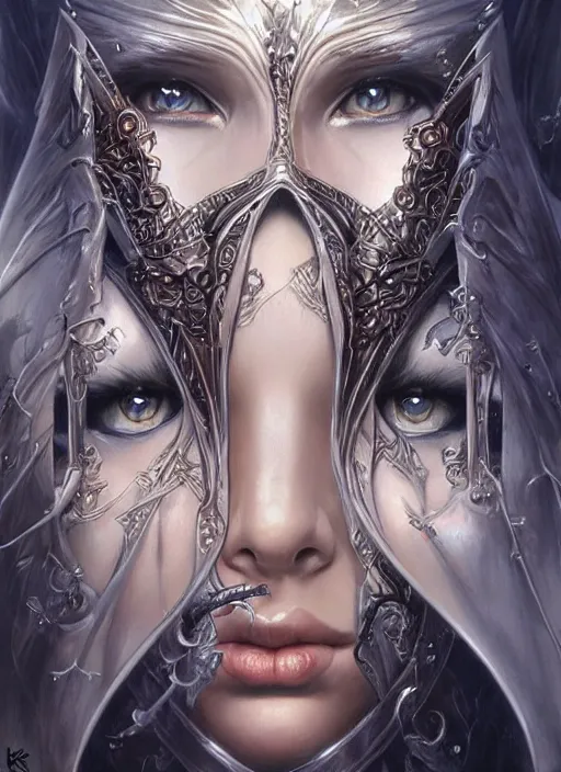 Image similar to a highly detailed symmetrical painting of a female model fantasy warrior with piercing beautiful eyes, trending art by artgerm and karol bak and mark brooks