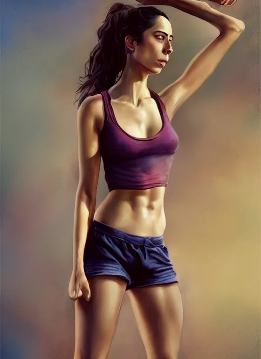 Image similar to full length photo of a sad Oona Chaplin in a tanktop in the style of stefan kostic, not realistic, sharp focus, 8k high definition, not detailed, intricate, elegant, art by stanley lau and artgerm