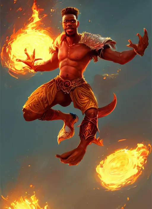 Prompt: a highly detailed illustration of attractive young african fire god with short hair, flaming feet and hands, heroic jumping pose, intricate, elegant, highly detailed, centered, digital painting, artstation, concept art, smooth, sharp focus, league of legends concept art, wlop