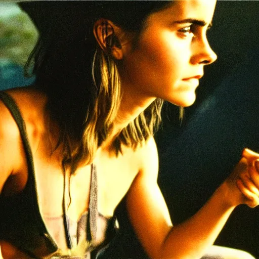 Image similar to film still, extreme far view, emma watson vietnam door gunner, film still from apocalypse now ( 1 9 7 9 ), 2 6 mm, kodak ektachrome, blue tint expired film,