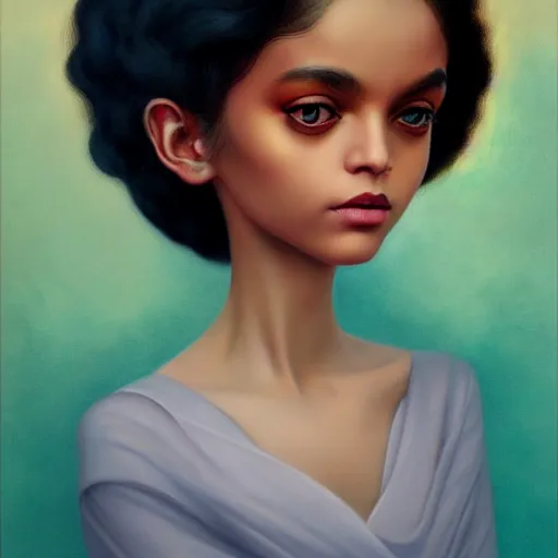 Image similar to ☁🌪🌙👩🏾, soft elegant gown, neon god of city character portrait, in the style of margaret keane, moebius, tom bagshaw, and waterhouse, cinematic lighting, beautiful, elegant, oil painting,