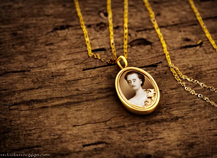 Prompt: sepia photo of a golden necklace with a hanging tiny open oval rusty golden locket pendant with a retro photo of an elegant and aesthetic woman royalty portrait, on a forest background with bokeh. Retro. Antique. High quality 8k. Intricate. Graflex camera 35mm. Award winning