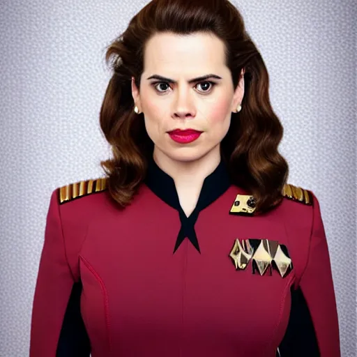 Image similar to a beautiful full body photograph of hayley atwell as a star fleet officer from star trek next generation, full dress uniform, symmetrical face, extreme realism and detail, 8 k, completely framed, direct lighting, 3 5 mm photo, photorealistic, sharp focus