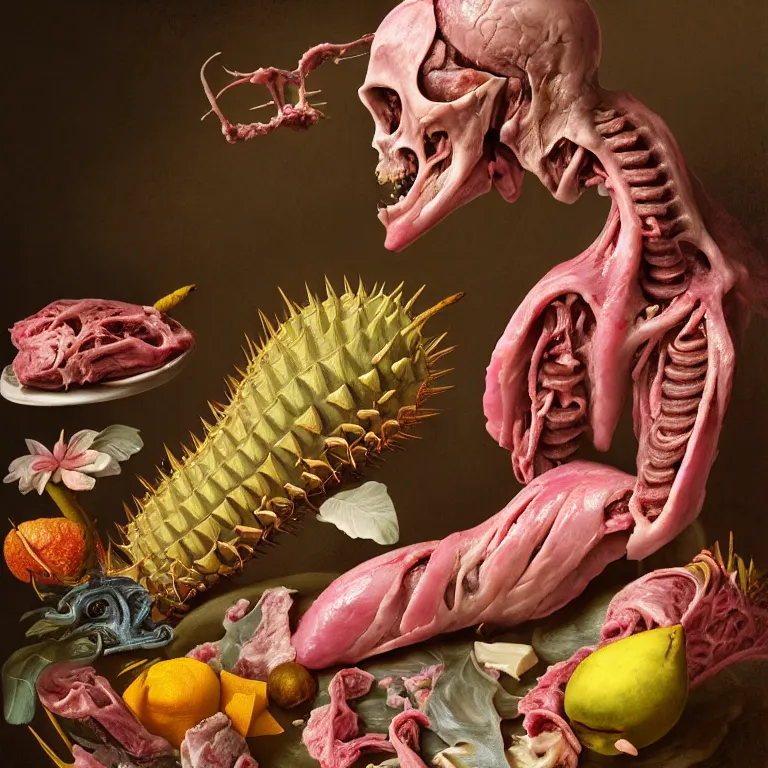 Prompt: still life of beautiful pastel tropical alien flowers, tropical fruit, human spine, rotten meat flesh with colorful mold, muscle tissue, spikes, baroque painting, beautiful detailed intricate insanely detailed octane render, 8K artistic photography, photorealistic, chiaroscuro, Raphael, Caravaggio