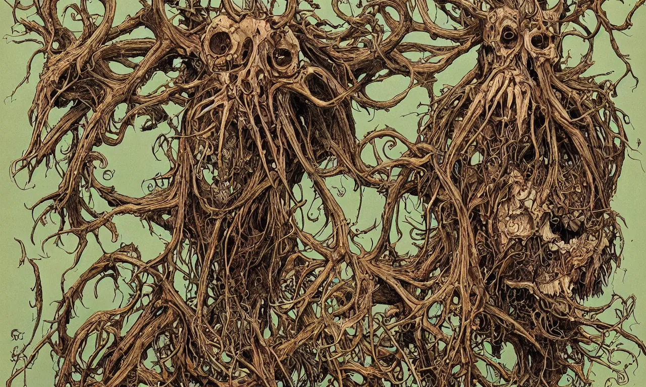 Image similar to hyperdetailed art nouveau portrait of treebeard as a cthulhu eyeball moose skull wendigo cryptid monster, by geof darrow, simon bisley and bill sienkiewicz, grim yet sparkling atmosphere, photorealism, claws, skeleton, antlers, fangs, forest, wild, crazy, horror, lynn varley, lovern kindzierski, steve oliff