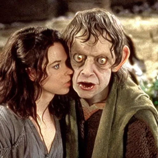 Image similar to lorelai gilmore in lord of the rings kissing gollum