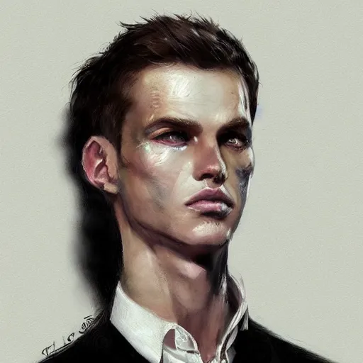 Prompt: Portrait of an androgynous man by Greg Rutkowski, he is about 30 years old, mixture between russian and irish, long fluffy blond curly hair, attractive, extremely pale white skin, smart looking, he is wearing a black futuristic lawyer outfit, highly detailed portrait, scifi, digital painting, artstation, concept art, smooth, sharp foccus ilustration, Artstation HQ