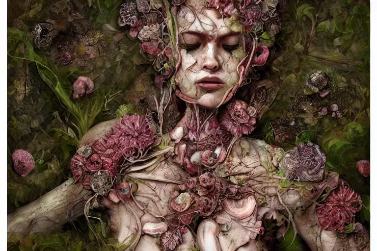 Image similar to beautiful and detailed rotten woman corpse with fractal plants and fractal flowers and mushrooms growing around, face muscles, veins, arteries, intricate, ornate, surreal, ray caesar, john constable, guy denning, dan hillier