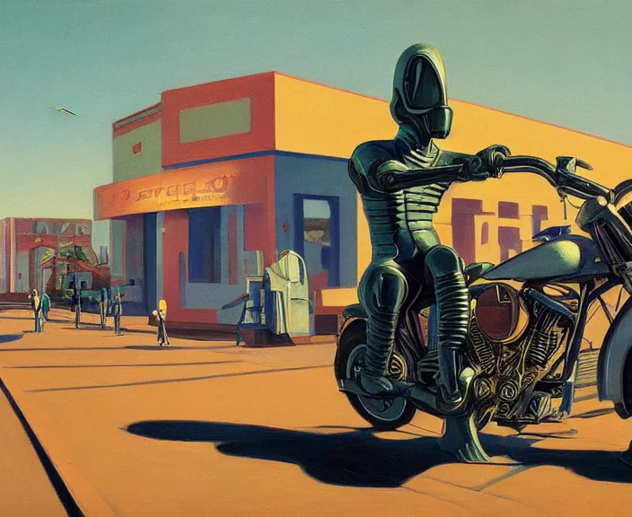 Prompt: a very detailed painting of a alien wearing a suit, riding a motorbike down a street, harley davidson motorbike, worm's - eye view, very fine brush strokes, very aesthetic, very futuristic, in the style of edward hopper and grant wood and syd mead, 4 k,