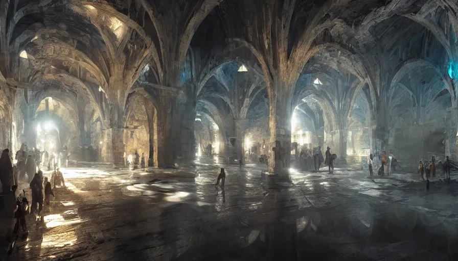 Prompt: medieval salt mine interior, light, shadows, reflections, epic composition, intricate, elegant, volumetric lighting, digital painting, highly detailed, artstation, sharp focus, illustration, concept art, ruan jia, steve mccurry