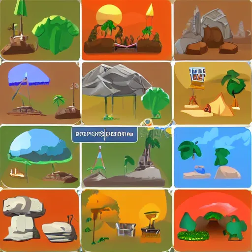 Prompt: A game assets spritesheet for jetset radio game . HD vector Containing modular props, terrain, trees, 2d side view, platform, vector art, very detailed